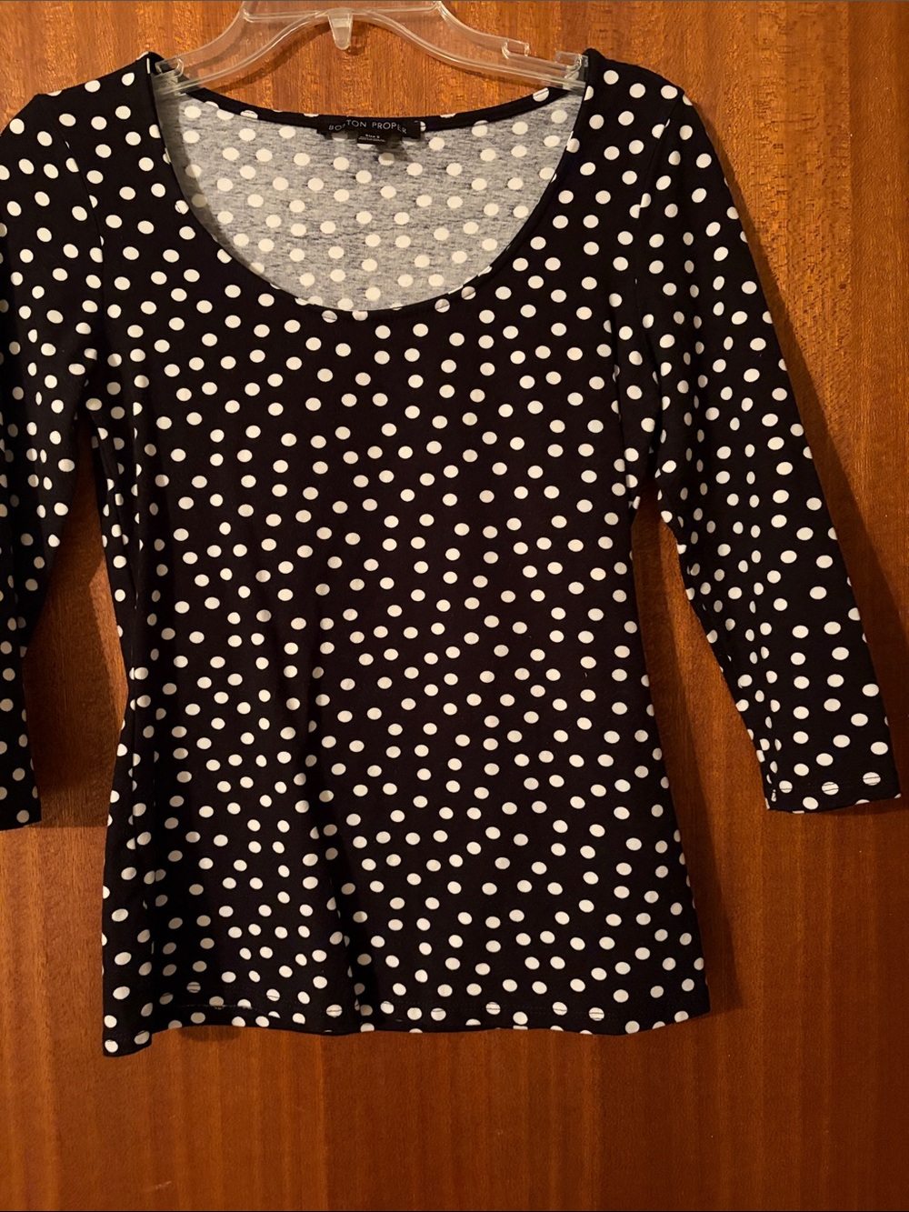 Boston Proper Black & White Polka Dot Scoop Neck Long Sleeve Top
